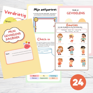 Pagina's uit 'Mijn Gevoelens Dagboek' met interactieve activiteiten voor kinderen om emoties te ontdekken en te begrijpen