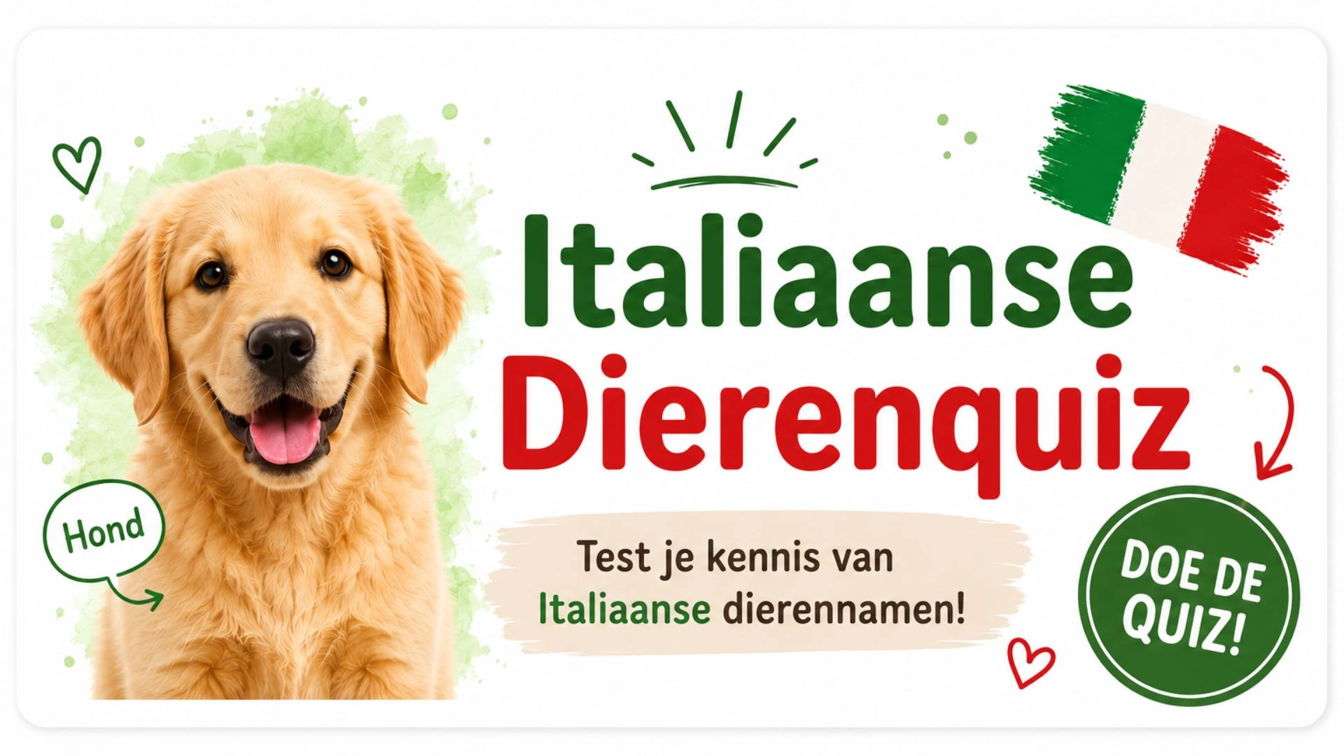 Banner van de Italiaanse dierenquiz met hond en Italiaanse vlag om Italiaanse dierennamen te leren.