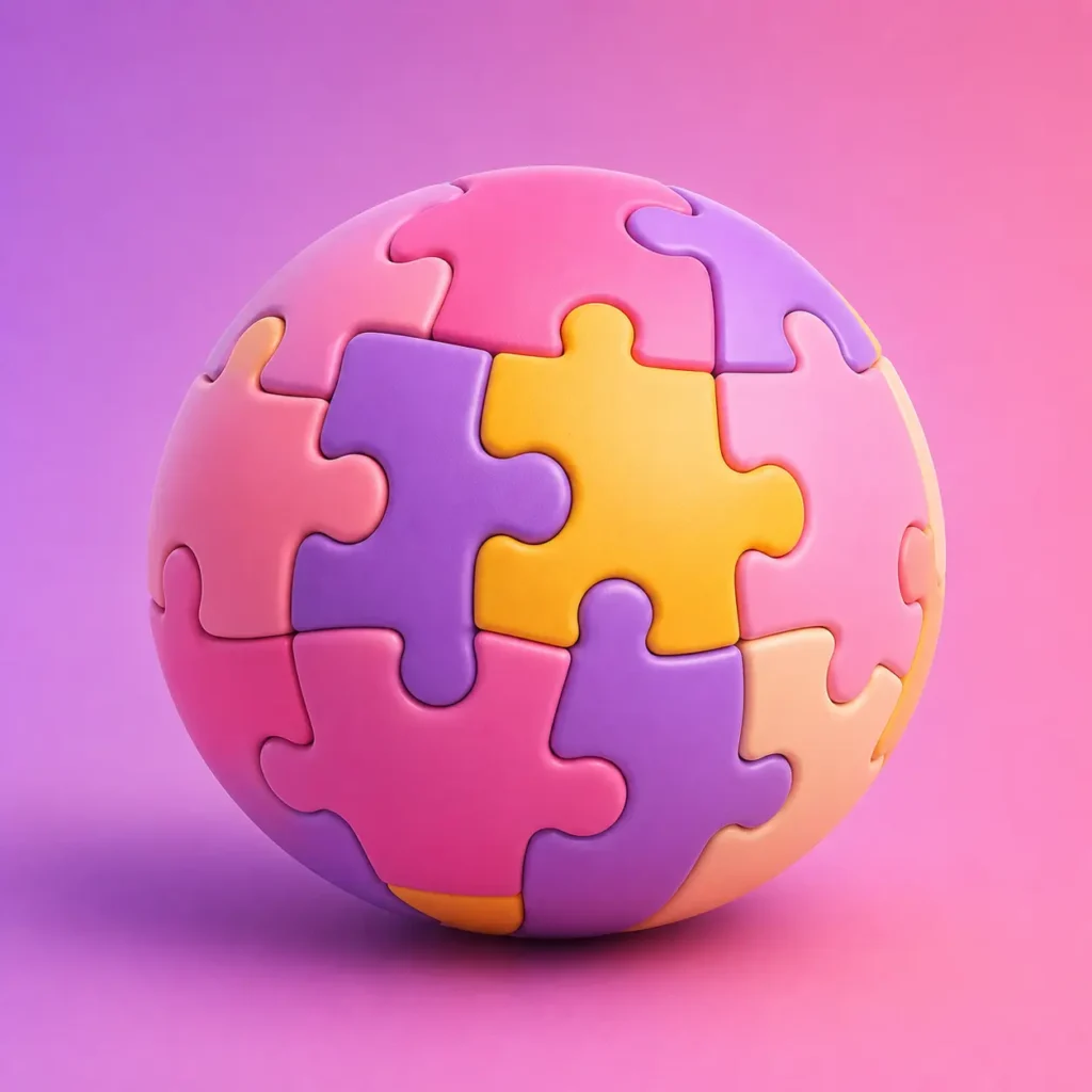 Kleurrijke 3D-puzzelbol van in elkaar passende puzzelstukken – categorie Puzzels