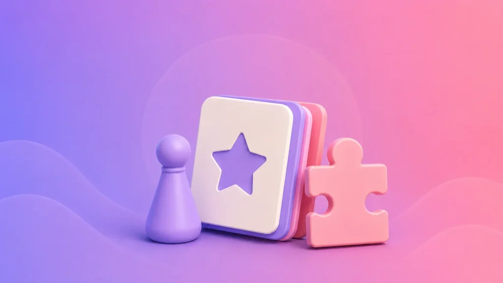 Paarse pion, speelkaarten met ster en roze puzzelstuk op een lila-roze achtergrond